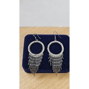 Silver Tone Rhinestone Beaded Hoop Chandelier Dangle Fringe Earrings Boho